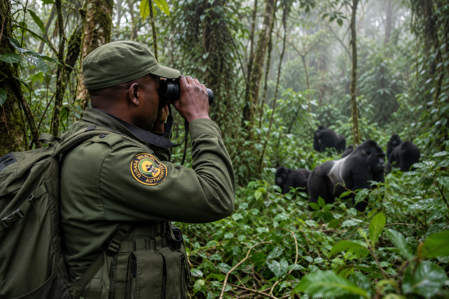 Uganda Wildlife Authority ranger monitoring mountain gorillas