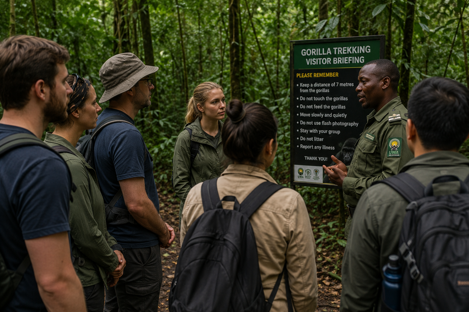 Uganda gorilla trekking permit and ranger briefing before entering Bwindi forest