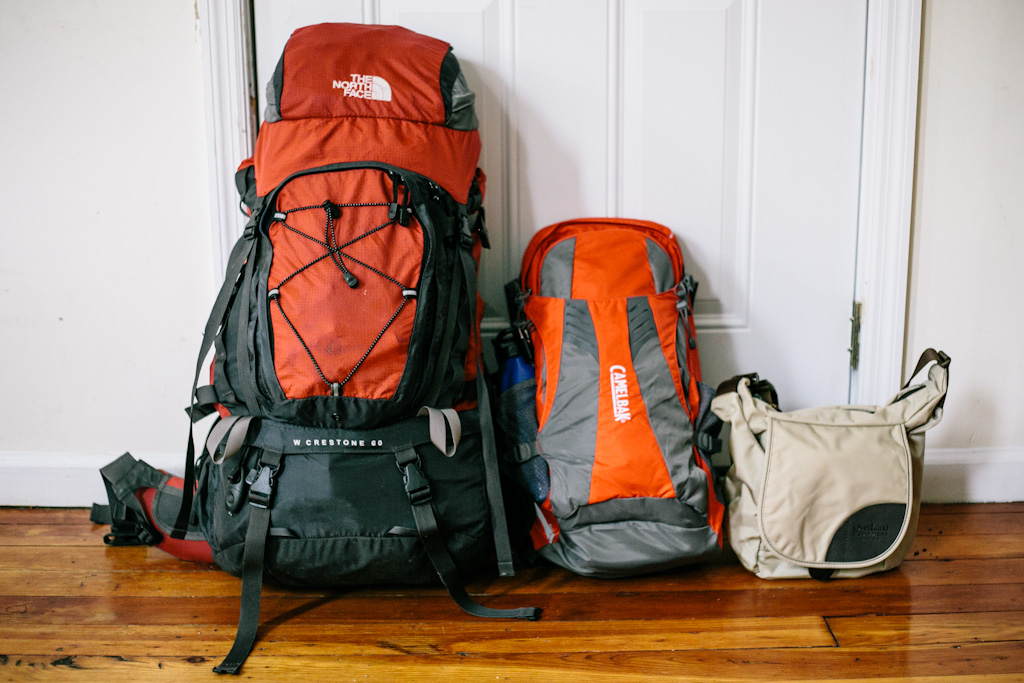 Daypack packed with gorilla trekking essentials including water, camera and rain gear.